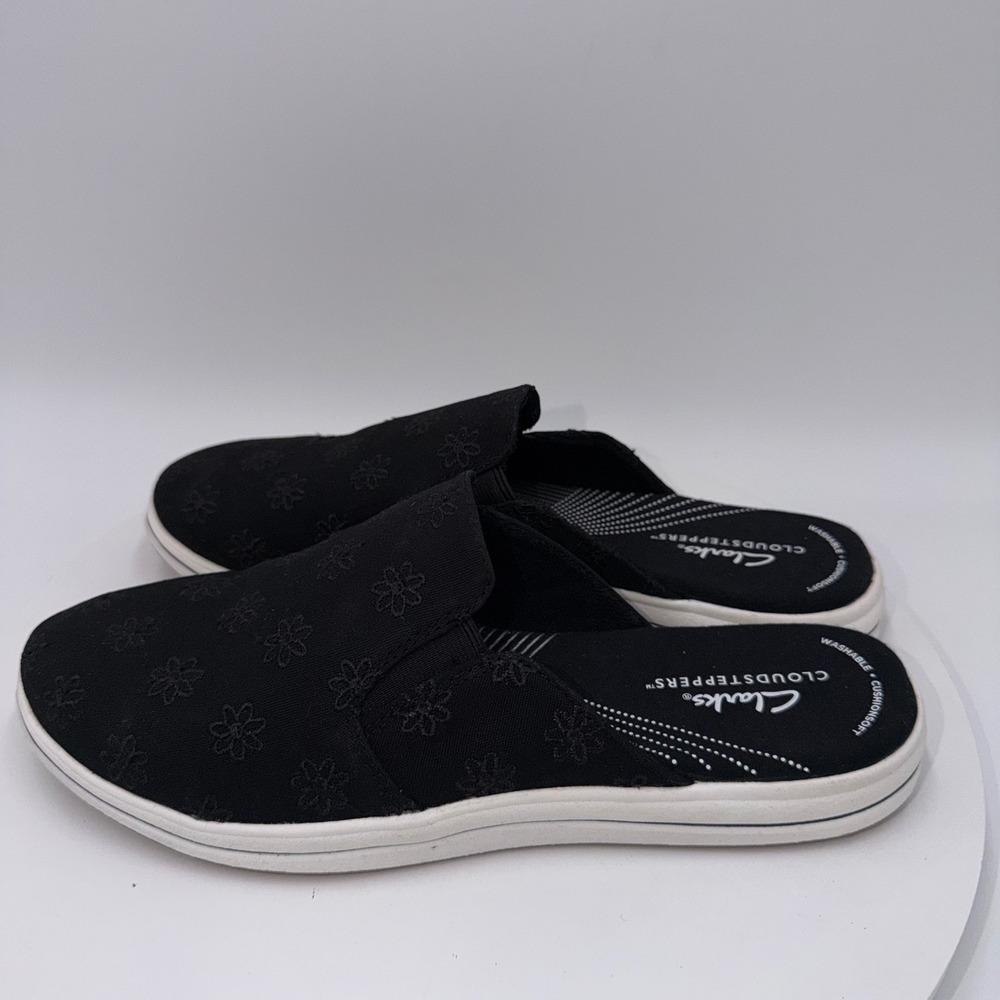 Clarks Cloudsteppers Breeze Shore Black Floral Mules Slip On Shoes Women's 8.5